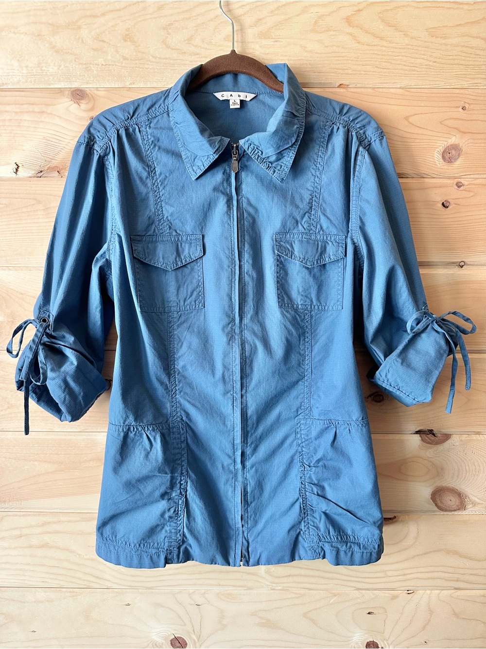 Cabi Blue Zip Front Utility Shirt Jacket Roll Tab Sleeve Cinch Waist #393 L